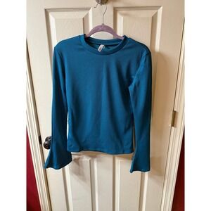 Glam Ribbed‎ Bell Sleeve Crew Neck Long Sleeve Top Teal Blue Size L